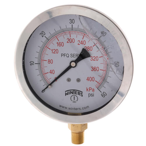 Main product image of 4" Stainless Steel Dual Scale Liquid Filled Gauge, 1/4" Bottom (0-60 PSI)