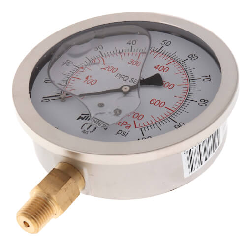 4" Stainless Steel Dual Scale Liquid Filled Gauge, 1/4" Bottom (0-100 PSI)