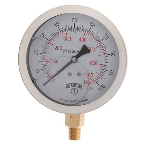4" Stainless Steel Dual Scale Liquid Filled Gauge, 1/4" Bottom (0-100 PSI)