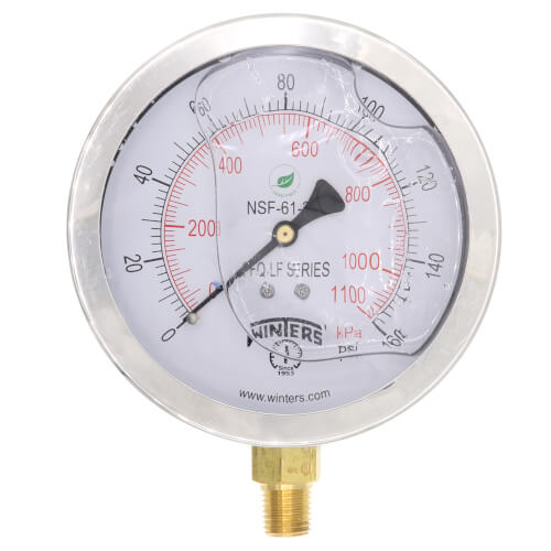 Main product image of 4" Stainless Steel Dual Scale Liquid Filled Gauge, 1/4" Bottom, Lead Free (0-160 PSI)