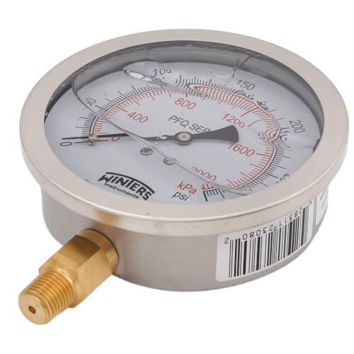 Main product image of 4" Stainless Steel Dual Scale Liquid Filled Gauge, 1/4" Bottom (0-300 PSI)