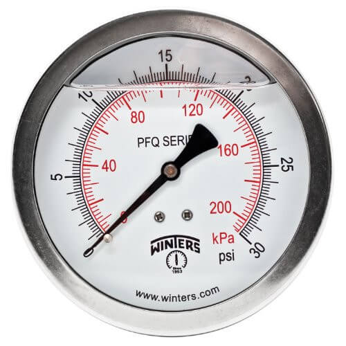 Main product image of 4" Stainless Steel Dual Scale Liquid Filled Gauge, 1/4" Back (0-200 PSI)