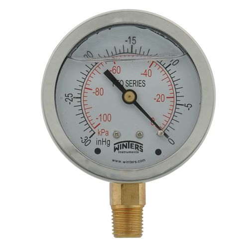 Main product image of 2-1/2" Stainless Steel Liquid Filled Gauge, 1/4" Bottom NPT w/ Brass Internals (30" Hg Vac/kPa)