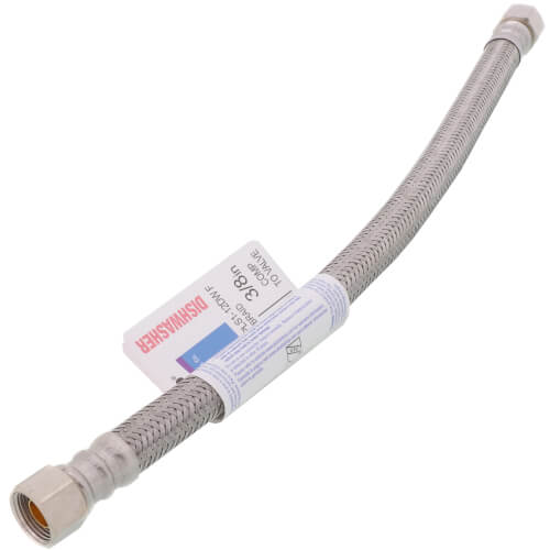 12" Braided Stainless Steel Dishwasher Connector w/ Flag Label (3/8" x 3/8" Compression Thread)