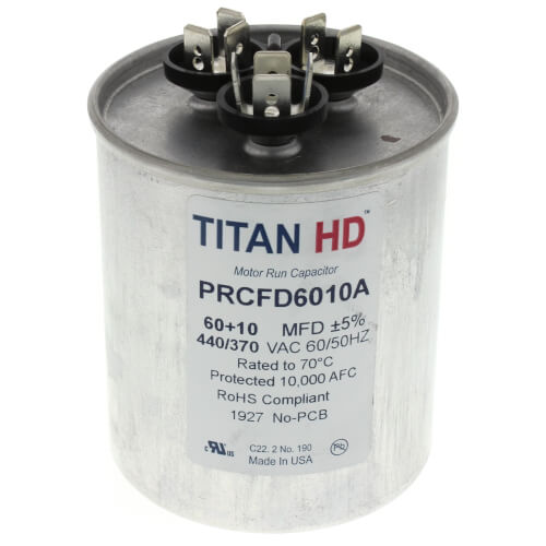 Main product image of 60/10 MFD Round Dual Motor Run Capacitor (440/370V)