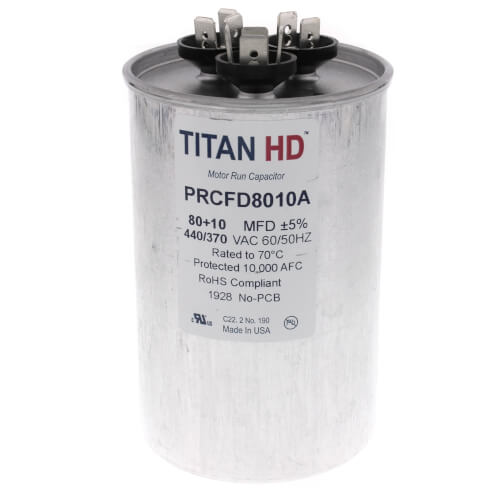 Main product image of 80/10 MFD Round Dual Motor Run Capacitor (440/370V)