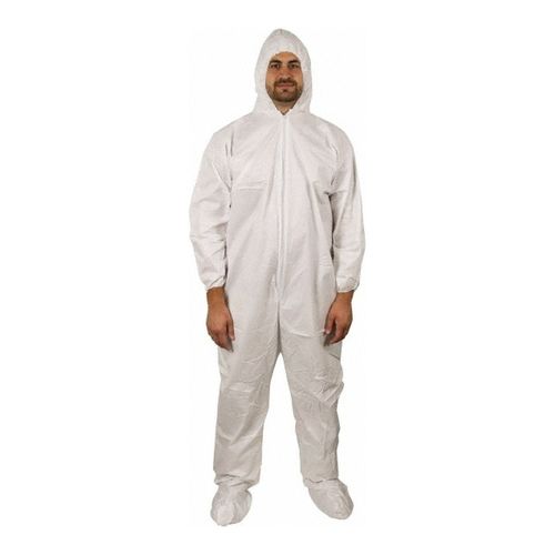 Main product image of ProShield 50 NB122S Coverall w/ Standard Hood, Elastic Wrists, Attached Skid-Resistant Boots, White, Medium (Pack of 25)