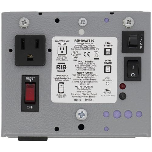 Main product image of Single 40 VA Power Supply, 120 Vac to 24 Vac, UL Class 2, Secondary Wires, 10A Main Breaker, Metal Enclosure
