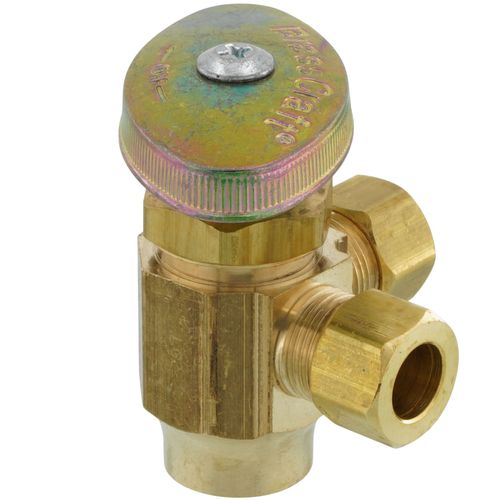 Main product image of 1/2" Nom. Sweat Inlet x 3/8" O.D. Compr. x 3/8" O.D. Compr. Dual Angle Supply Stop Valve, Lead Free (Rough Brass)