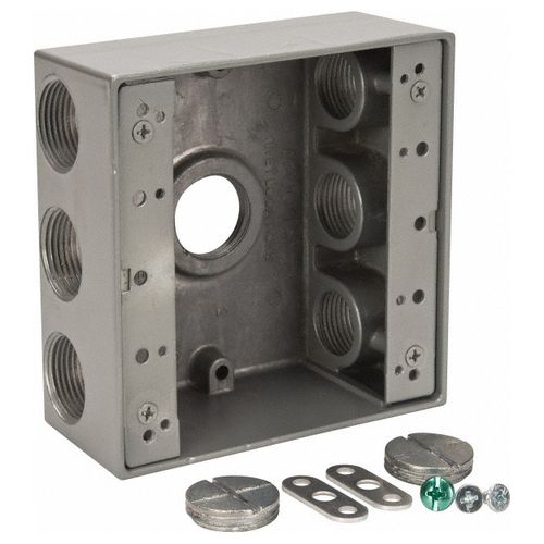 Main product image of 2 Gang Universal Weatherproof Box, 30.2 Cubic Inches, Hub Size 3/4", Silver, Aluminum, 7 Outlets, 2IH7-2