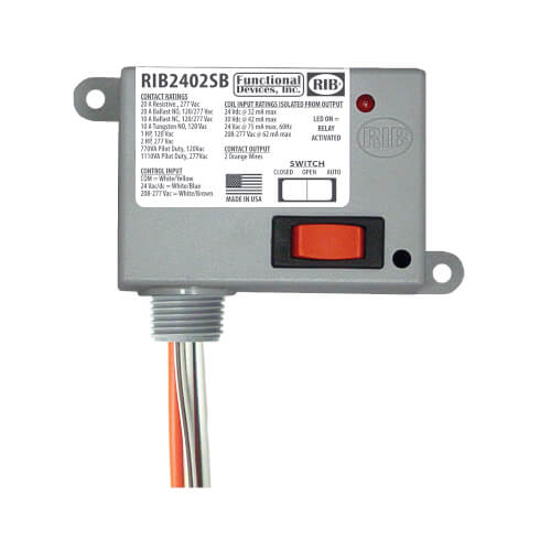 Enclosed Relay 20 Amp SPST-N/O & Override with 24 Vac/dc/208-277 Vac Coil