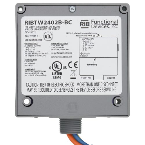 Main product image of Enclosed BACnet MS/TP Network Relay Device, One Binary Output, One Binary Input, 24Vac/dc/208-277Vac Power Input, NEMA 1 Housing