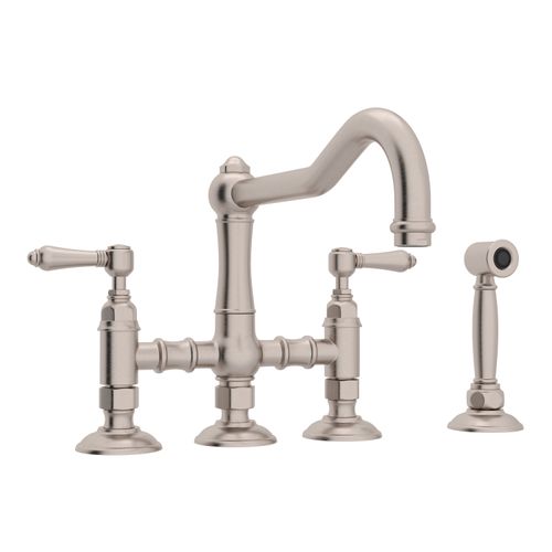 Acqui Deck Mount Column Spout 3 Leg Bridge Kitchen Faucet w/ Sidespray, Lever Handles (Satin Nickel)
