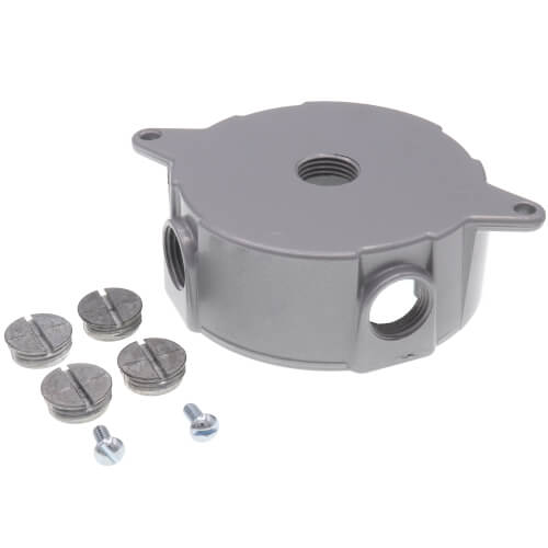 Main product image of 4-1/8" Dia., 1/2" Hub, 5 Outlets Round Outlet Box w/ Mounting Lug (Silver)