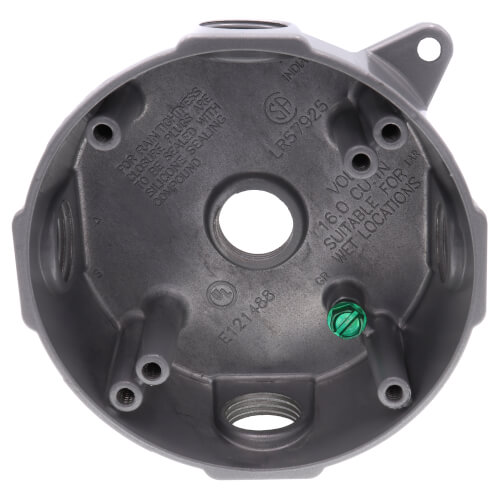 Main product image of 4-1/8" Dia., 1/2" Hub, 5 Outlets Round Outlet Box w/ Mounting Lug (Silver)