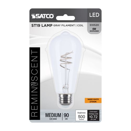 Main product image of 6W LED, Reminiscent, Flex Gray Coil Filament, ST19, Medium Base, 2700K CCT, Clear, 120V (12 Pack)