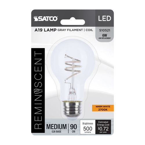 Main product image of 6W LED, Reminiscent, Flex Gray Coil Filament, A19, Medium Base, 2700K CCT, Clear, 120V (12 Pack)
