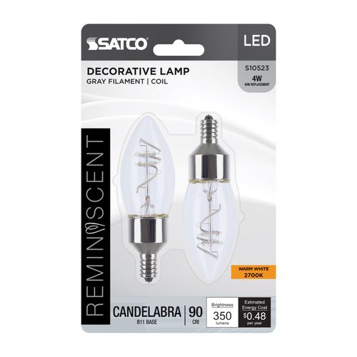 Main product image of 4W LED, Reminiscent, Flex Gray Coil Filament, B11, Candelabra Base, 2700K CCT, Clear, 120V, 2-Pack (12 Pack)