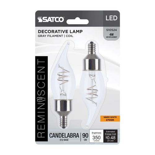 Main product image of 4W LED, Reminiscent, Flex Gray Coil Filament, CA11, Candelabra Base, 2700K CCT, Clear, 120V, 2-Pack (12 Pack)