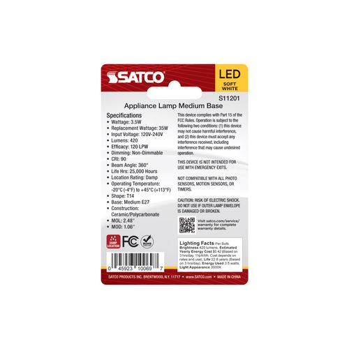 Main product image of 3.5W T14 LED, 3000K CCT, European Medium Base, Clear Finish, Appliance Lamp, 120-240V (12 Pack)