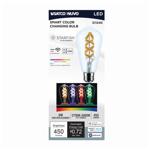 Main product image of 6W, ST19 LED, 2700K-5000K RGB/Tunable White, Starfish IOT, Clear, Medium Base, 120V (24 Pack)