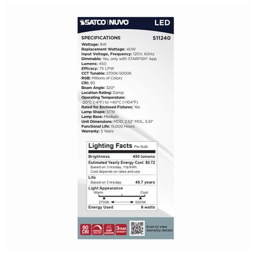 Main product image of 6W, ST19 LED, 2700K-5000K RGB/Tunable White, Starfish IOT, Clear, Medium Base, 120V (24 Pack)