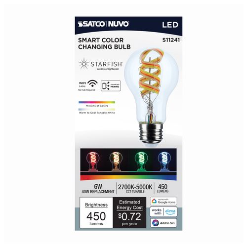 Main product image of 6W, A19 LED, 2700K-5000K RGB/Tunable White, Starfish IOT, Clear, Medium Base, 120V (24 Pack)