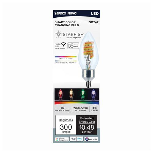 Main product image of 4W, B11 LED, 2700K-5000K RGB/Tunable White, Starfish IOT, Clear, Candelabra Base, 120V (24 Pack)