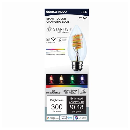 Main product image of 4W, B11 LED, 2700K-5000K RGB/Tunable White, Starfish IOT, Clear, Medium Base, 120V (24 Pack)