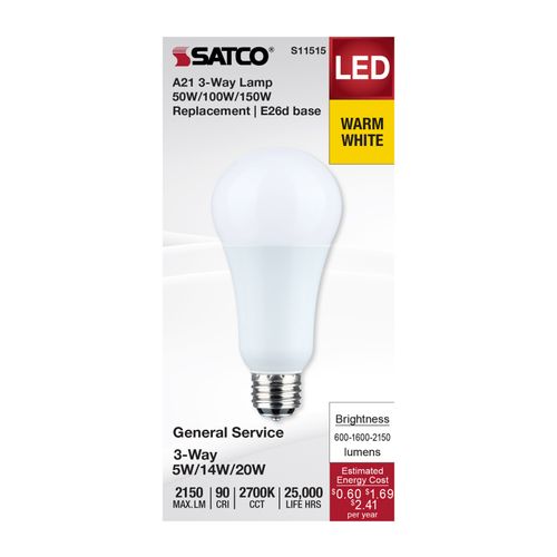 Main product image of 5/14/20W A21 LED, 3-Way Lamp, White Finish, 2700K CCT, Medium Double Contact Base, 120V (6 Pack)