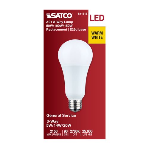 Main product image of 5/14/20W A21 LED, 3-Way Lamp, White Finish, 2700K CCT, Medium Double Contact Base, 120V (6 Pack)