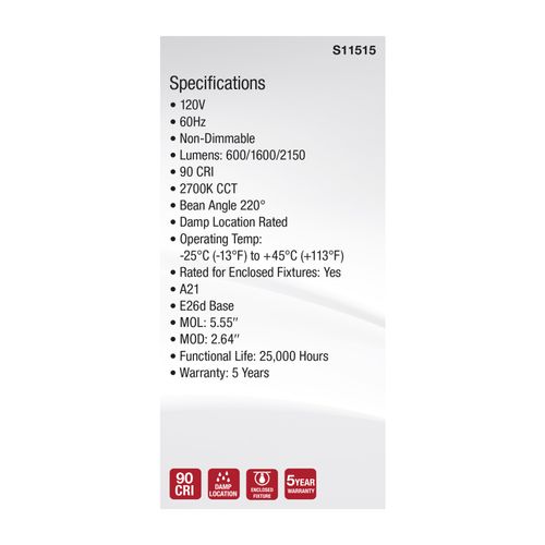 Main product image of 5/14/20W A21 LED, 3-Way Lamp, White Finish, 2700K CCT, Medium Double Contact Base, 120V (6 Pack)