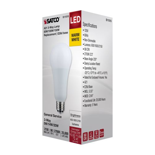 Main product image of 5/14/20W A21 LED, 3-Way Lamp, White Finish, 2700K CCT, Medium Double Contact Base, 120V (6 Pack)