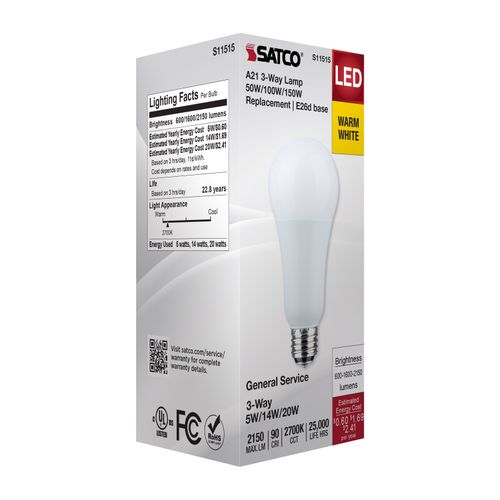Main product image of 5/14/20W A21 LED, 3-Way Lamp, White Finish, 2700K CCT, Medium Double Contact Base, 120V (6 Pack)