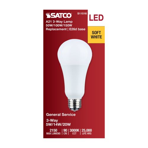 Main product image of 5/14/20W A21 LED, 3-Way Lamp, White Finish, 3000K CCT, Medium Double Contact Base, 120V (6 Pack)