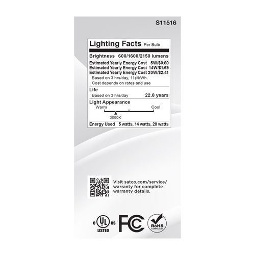 Main product image of 5/14/20W A21 LED, 3-Way Lamp, White Finish, 3000K CCT, Medium Double Contact Base, 120V (6 Pack)