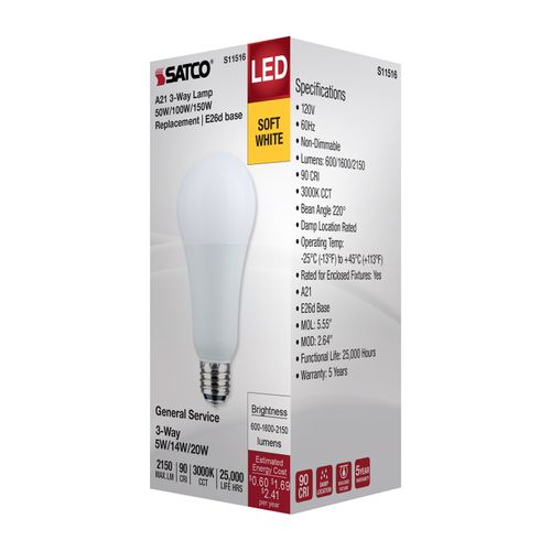 Main product image of 5/14/20W A21 LED, 3-Way Lamp, White Finish, 3000K CCT, Medium Double Contact Base, 120V (6 Pack)