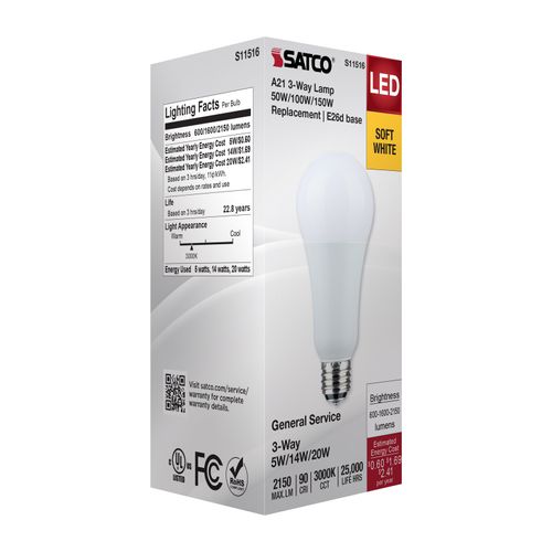 Main product image of 5/14/20W A21 LED, 3-Way Lamp, White Finish, 3000K CCT, Medium Double Contact Base, 120V (6 Pack)