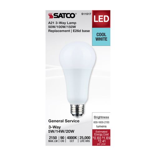 Main product image of 5/14/20W A21 LED, 3-Way Lamp, White Finish, 4000K CCT, Medium Double Contact Base, 120V (6 Pack)