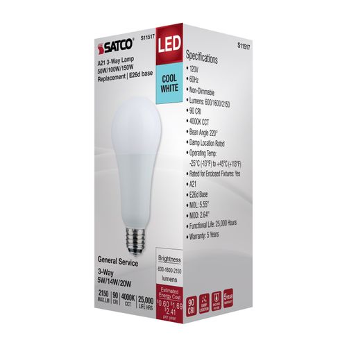 Main product image of 5/14/20W A21 LED, 3-Way Lamp, White Finish, 4000K CCT, Medium Double Contact Base, 120V (6 Pack)