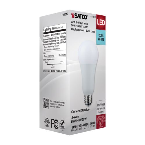 Main product image of 5/14/20W A21 LED, 3-Way Lamp, White Finish, 4000K CCT, Medium Double Contact Base, 120V (6 Pack)