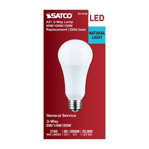 Main product image of 5/14/20W A21 LED, 3-Way Lamp, White Finish, 5000K CCT, Medium Double Contact Base, 120V (6 Pack)