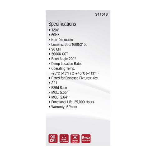 Main product image of 5/14/20W A21 LED, 3-Way Lamp, White Finish, 5000K CCT, Medium Double Contact Base, 120V (6 Pack)