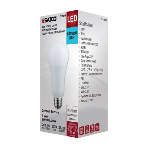 Main product image of 5/14/20W A21 LED, 3-Way Lamp, White Finish, 5000K CCT, Medium Double Contact Base, 120V (6 Pack)
