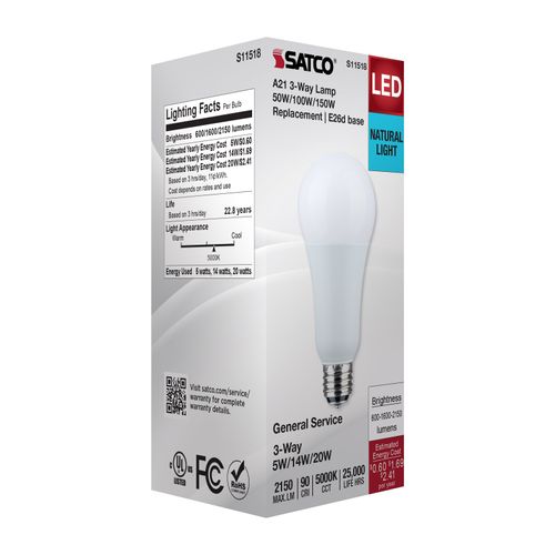 Main product image of 5/14/20W A21 LED, 3-Way Lamp, White Finish, 5000K CCT, Medium Double Contact Base, 120V (6 Pack)
