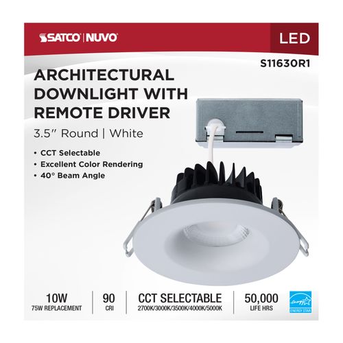 Main product image of 10W LED Direct Wire Downlight, Remote Driver, CCT Selectable, Dimmable, Round, White Finish