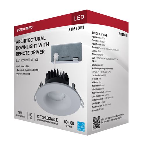 Main product image of 10W LED Direct Wire Downlight, Remote Driver, CCT Selectable, Dimmable, Round, White Finish
