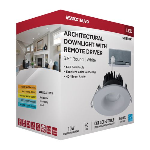 Main product image of 10W LED Direct Wire Downlight, Remote Driver, CCT Selectable, Dimmable, Round, White Finish