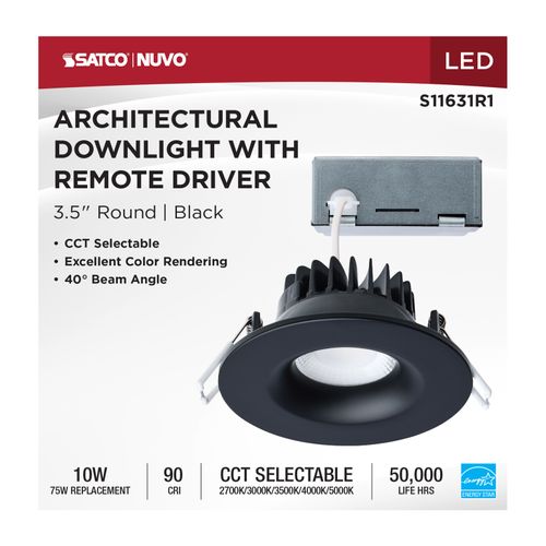 Main product image of 10W LED Direct Wire Downlight, Remote Driver, CCT Selectable, Dimmable, Round, Black Finish