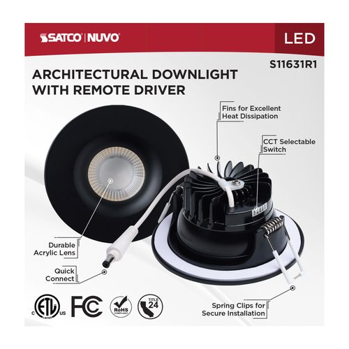 Main product image of 10W LED Direct Wire Downlight, Remote Driver, CCT Selectable, Dimmable, Round, Black Finish